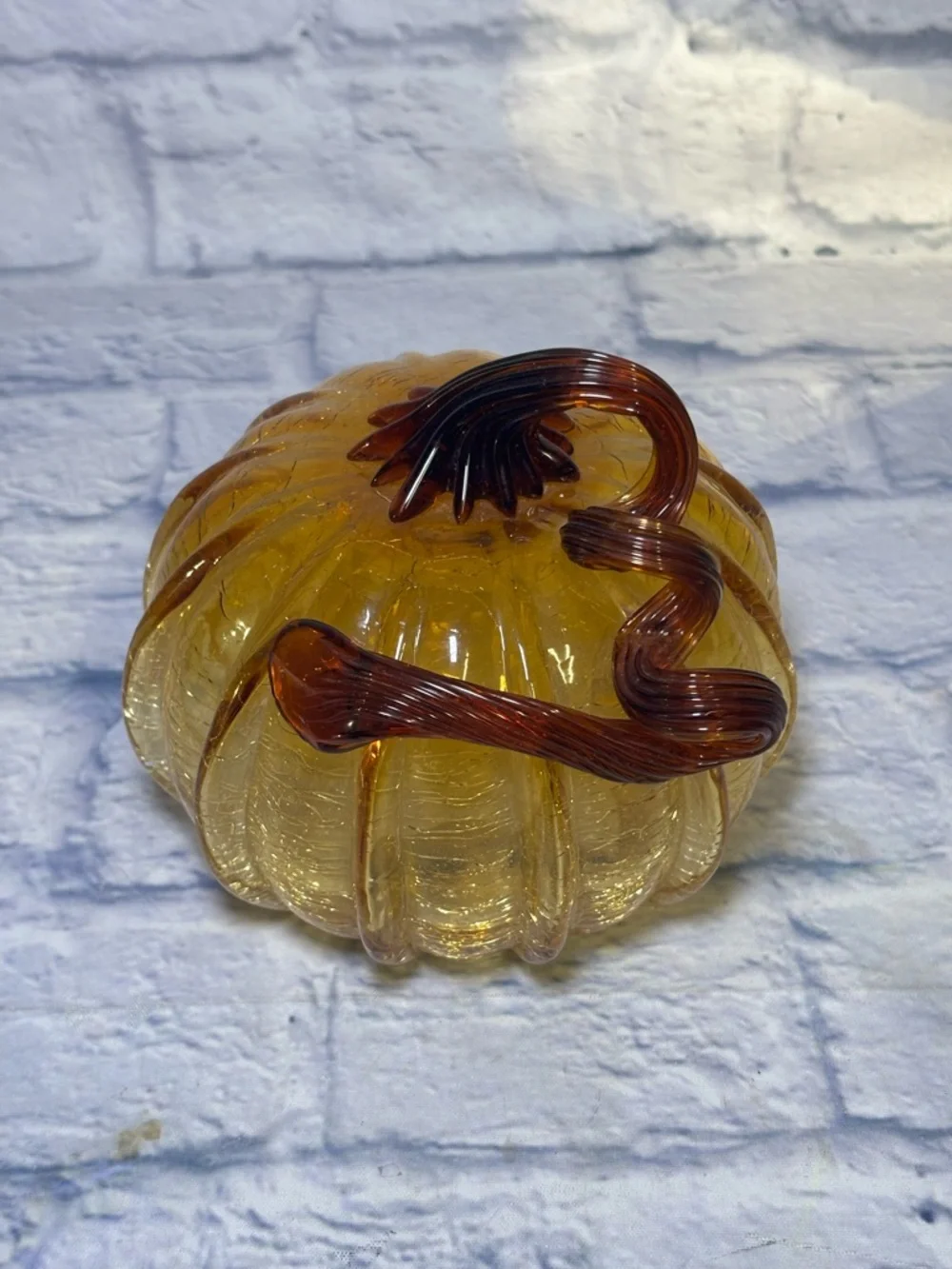 Glass Amber Pumpkin Hand Blown Crackle Finish Thanksgiving Curly Steam Pier One